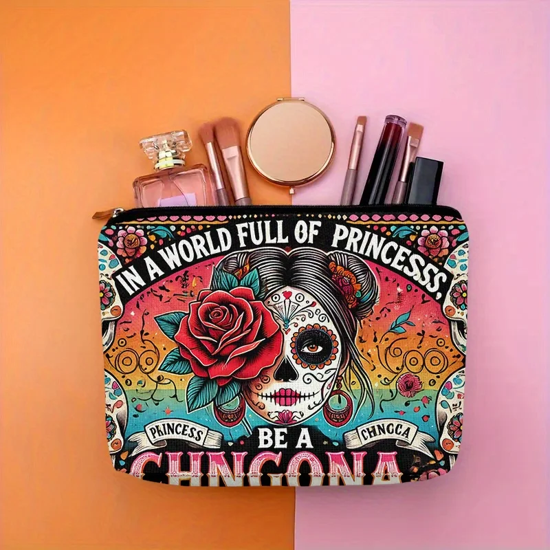 花と頭蓋骨の化粧品バッグ - 女性用のかわいい多機能ジッパーポーチ、ジュエリー収納バッグ