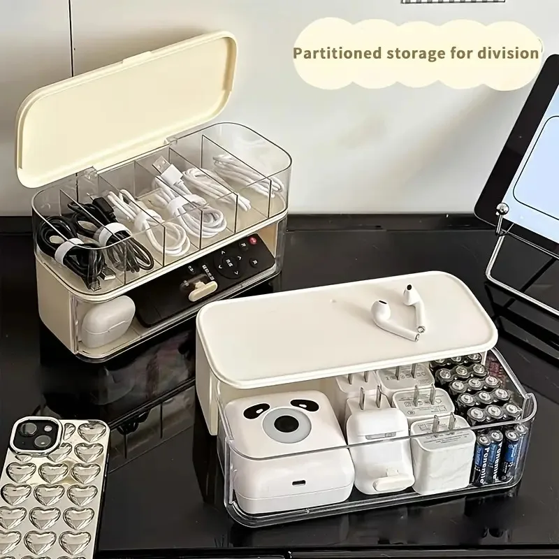 صندوق منظم كابلات سطح المكتب الشفاف بطبقة مزدوجة - حل تخزين الحبل والشاحن المدمج للمكتب المنزلي