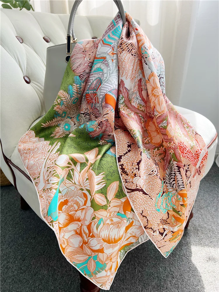 OMEA 100% Real Silk Twill Large Square Scarf 90x90cm Gardens Print Luxury Accessories Hijab Scarf Handroll Head Fashion Shawl