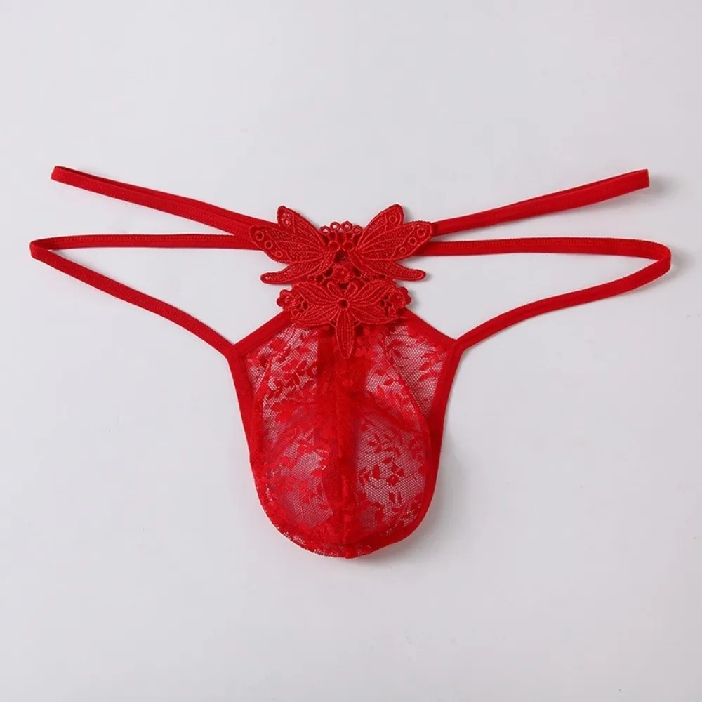 Thin Low Waist Men's Lace Thong Embroidery Hollow Out Underwear Mesh Sheer Panties Lingerie Transparent T-back Briefs Men Male