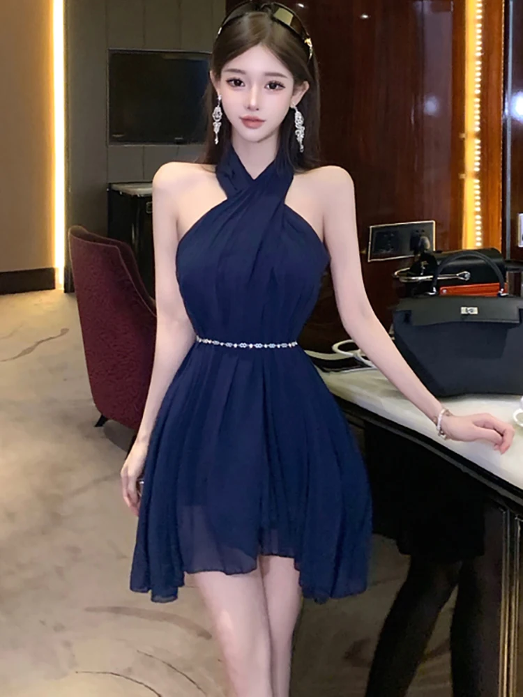Women Blue Chiffon Pleated Bodycon Chain Bandage Dress Summer Elegant Neck-mounted Sexy Mini Dress 2025 Korean Casual Prom Dress