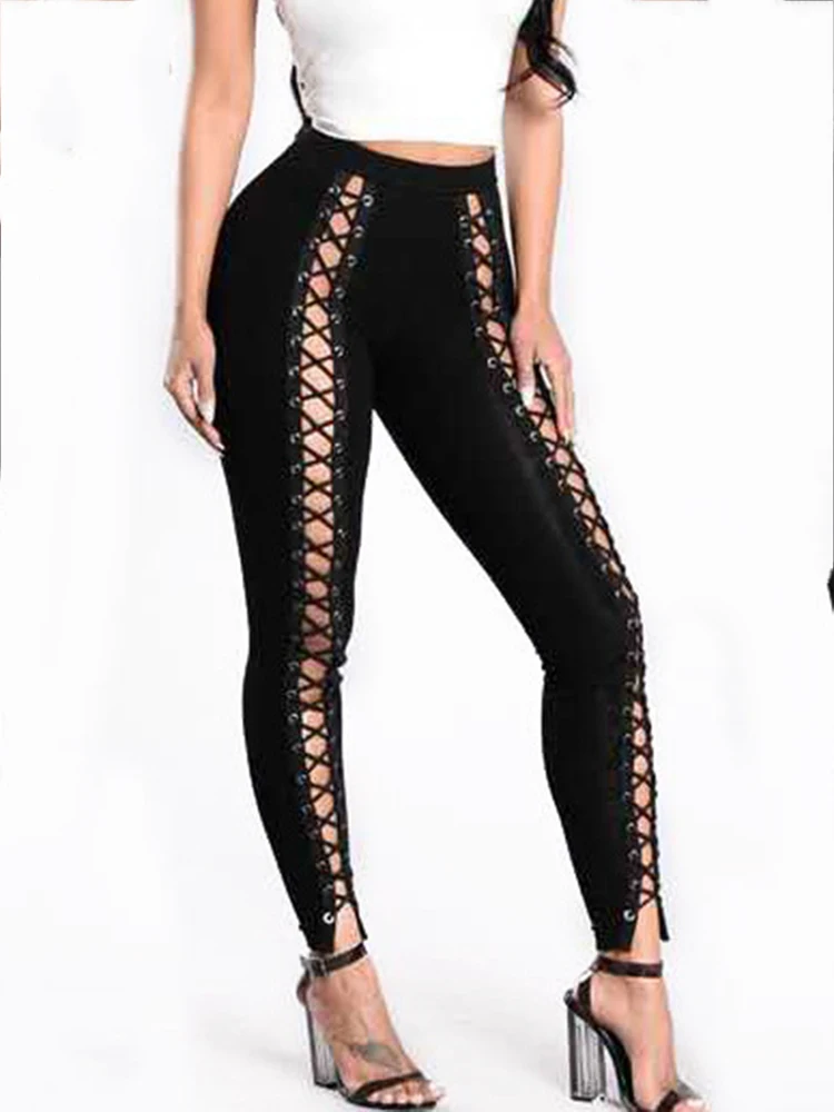 Sexy Summer Hollow Out Side Bandage Leggings Women Cross Nightclub Black Trousers Bodycon Stitching Cropped Pants