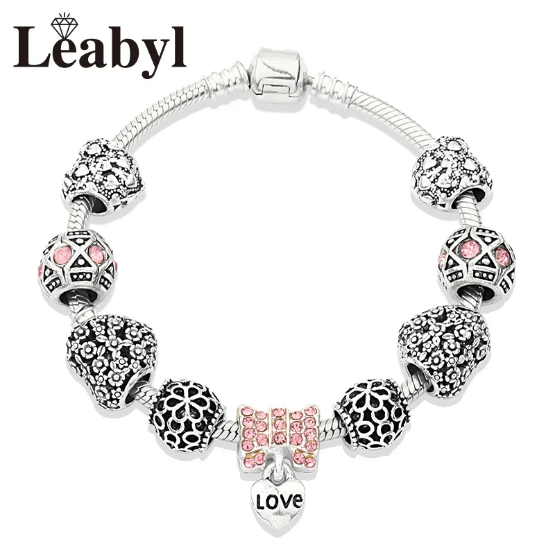 Classic Spring & Autumn Series Heart Flower DIY Charm Bracelet Pink Crystal Beaded Bracelets & Bangles Jewelry Gift