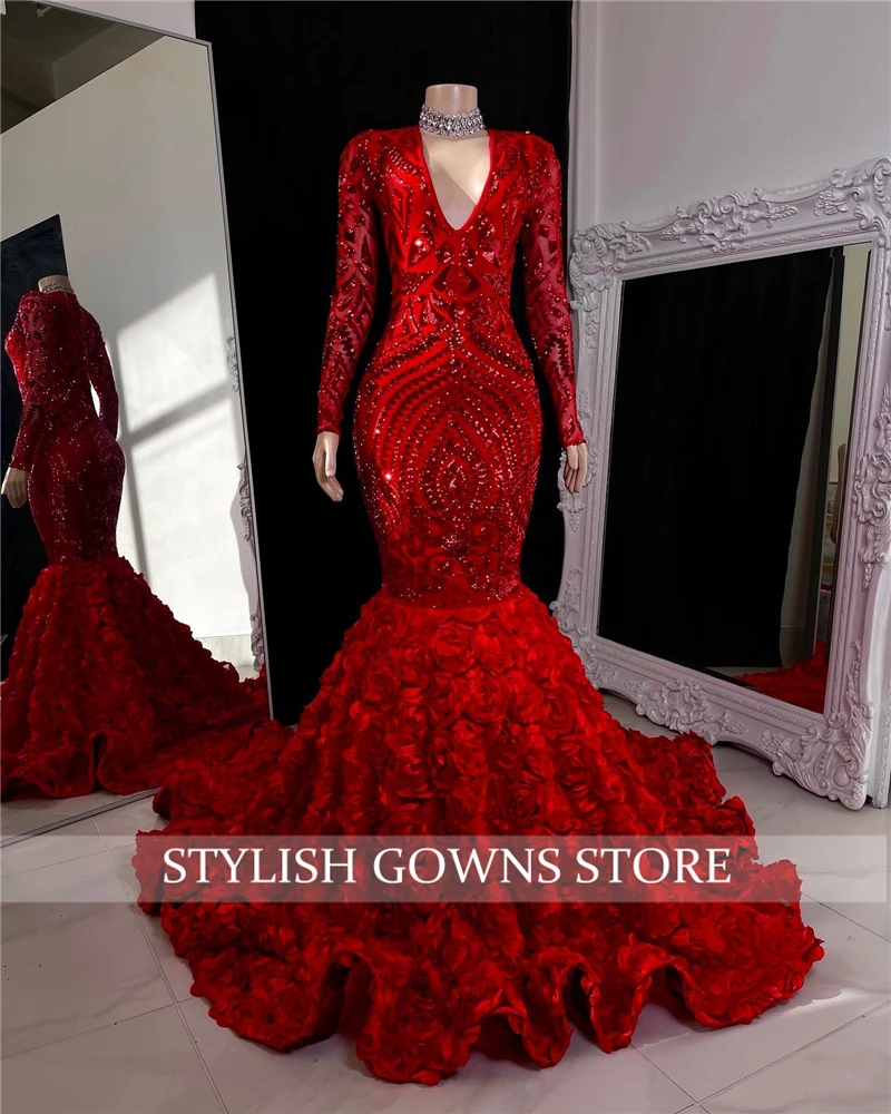 Luxury Red Sparkly V Neck Long Prom Dress 2024 Sexy Sequined Evening Dresses For Black Girl Ruffles Birthday Party Gown Robe De