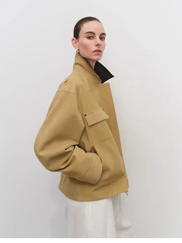 빈티지 짧은 정품 가죽 자켓 여성 봄 가을 하이 엔드 간단한 대비 코듀로이 옷깃 디자인 진짜 염소 가죽 스웨이드 코트