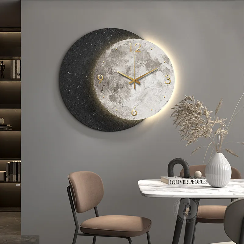 

Современная простая декоративная картина для ресторана, креативные часы с луной, светодиодная подсветка, настенное панно для гостиной, свет в стиле лёгкой роскоши.