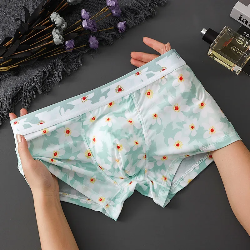 

Printed Underwear Boxer Trunks Men Ice Silk Seamless Panties U Convex Pouch Underpants Gay Sissy See Through Floral Boxer Shorts