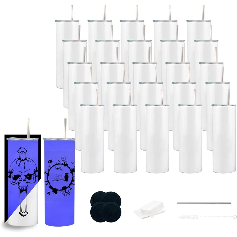 

Blue Glow in The Dark Sublimation Tumblers 20 Oz Skinny Blanks Tumbler Bulk Glow in The Dark，with Lid and Straw