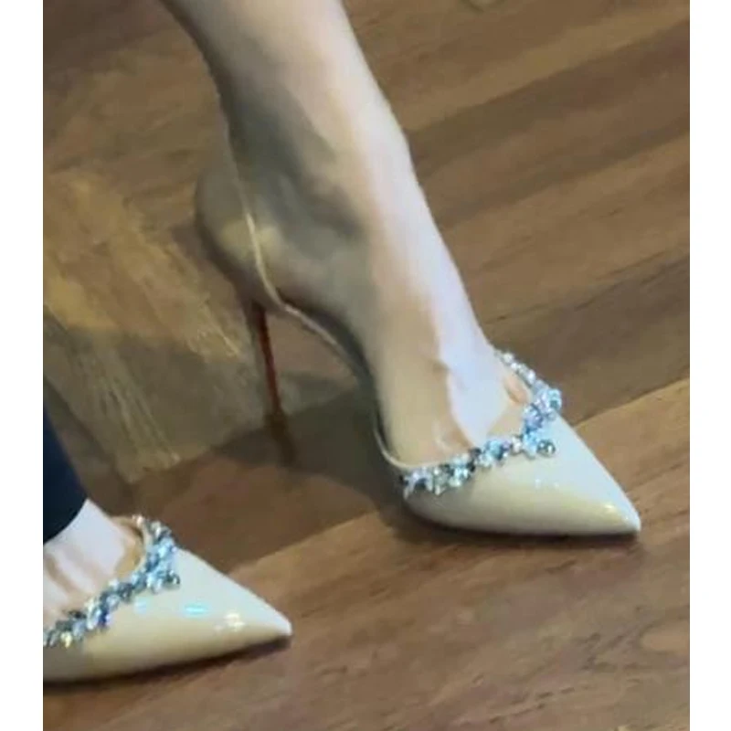 

Rhinestone Pointed Toe Mules Stiletto Pumps Woman Summer 2026 Nude Patent Leather Slip On Party High Heels Shoes Fashion Sandals