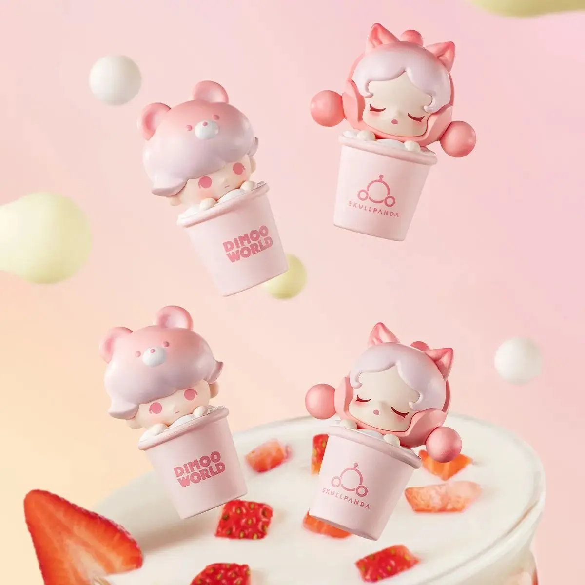 POPBean Strawberry Milkshake Series Skullpanda and Dimoo Action Figure Doll Toys City of Taiwan  Limited Edition Skullpanda