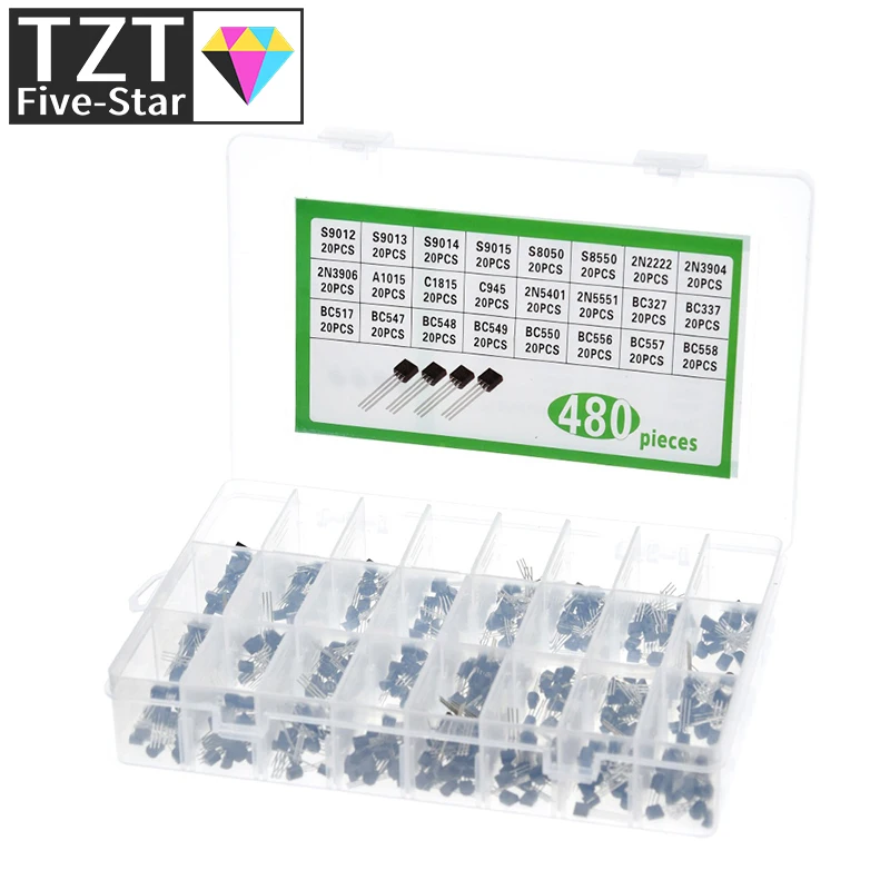 1/3 صندوق 24 قيمة تشكيلة مجموعة متنوعة كل 20 قطعة BC327 BC337 BC517 BC547 BC548 BC549 2N2222 3906 3904 5401 5551 C945 1015
