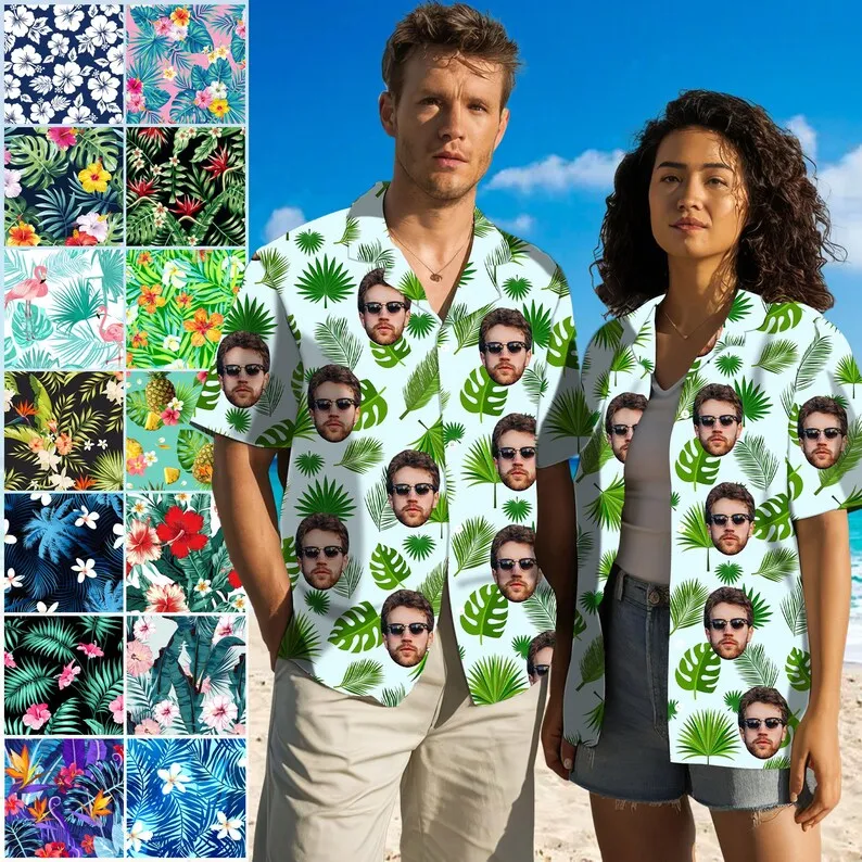 

Custom Face Hawaiian Shirt for Men Personalized Multiple Faces Tropical Print Short Sleeve Button Down Aloha Shirt for Vacation
