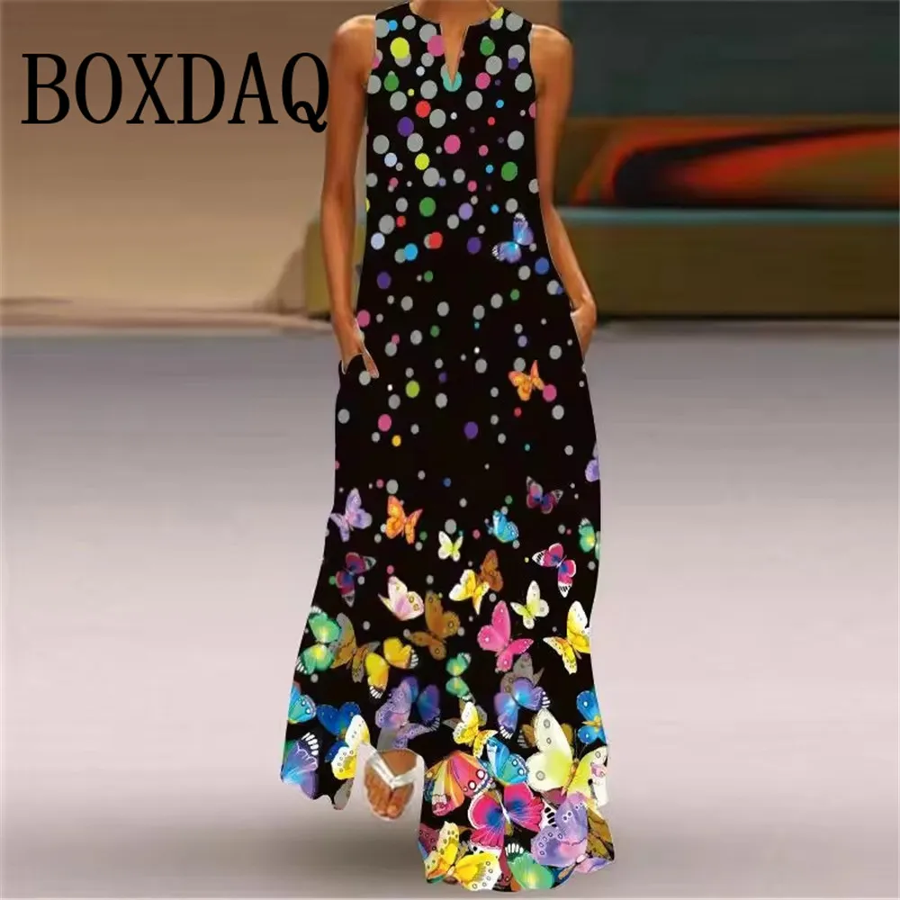 

Fashion V-Neck Printed Sleeveless Women Maxi Dress Summer Casual Loose Straight Beach Long Dresses Ladies Sundress Lady Vestidos