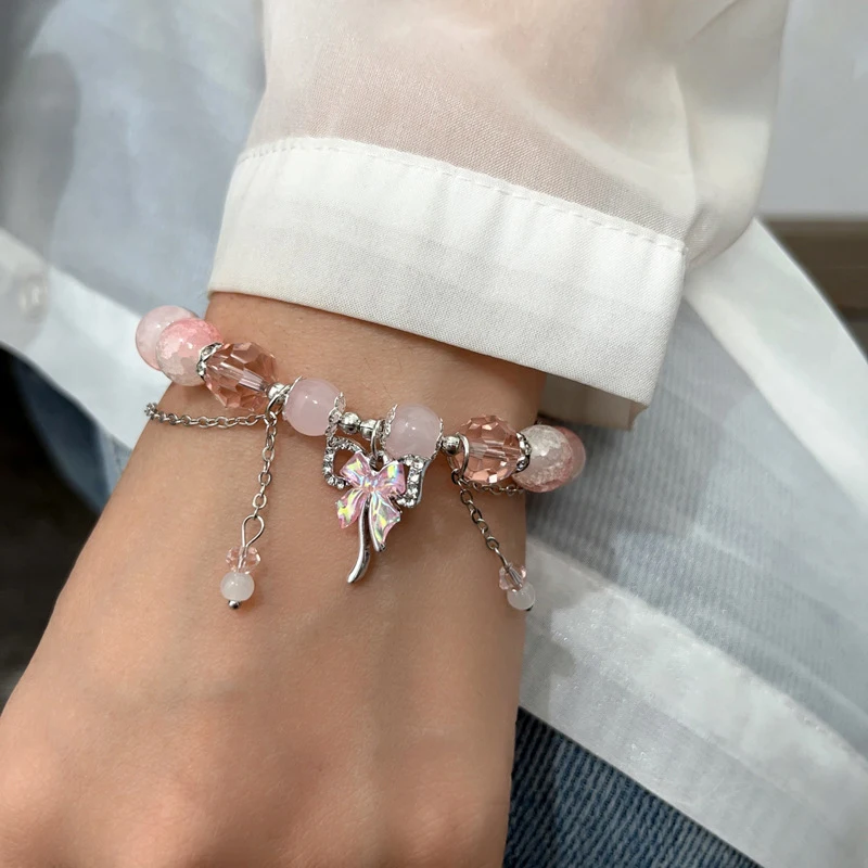 Pink Phoenix Flowers Branches Version Bow Butterfly Pendant Beaded Bracelet Sweet Cool Bracelet For Women Aesthetic Trendy Hand