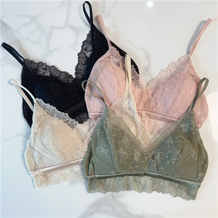 

Silk Lace Wireless Bra Thin Cup Comfortable Women's Underwear Breathable Seamless V-Neck Fixed Strap French Style Summer Bra