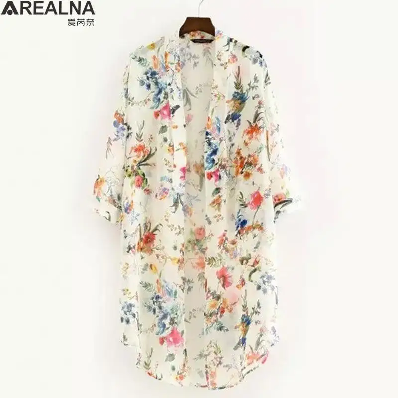 Blusa holgada de Chifón con estampado Floral para mujer, con protección solar Camisa larga, cárdigan tipo Kimono para playa, Verano