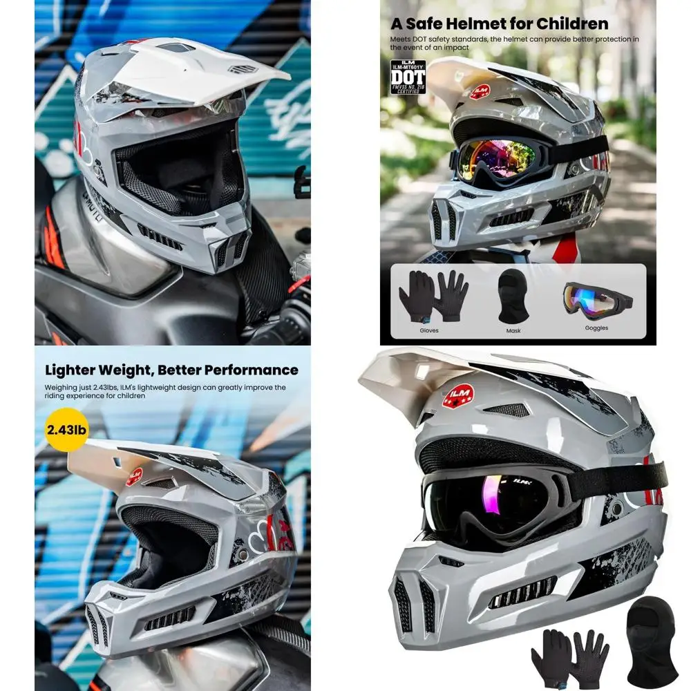 

Youth Off-Road Dirt Bike Helmet with Goggles, Gloves, Mask - DOT Certified, Angry Face Design, Youth Extra Large