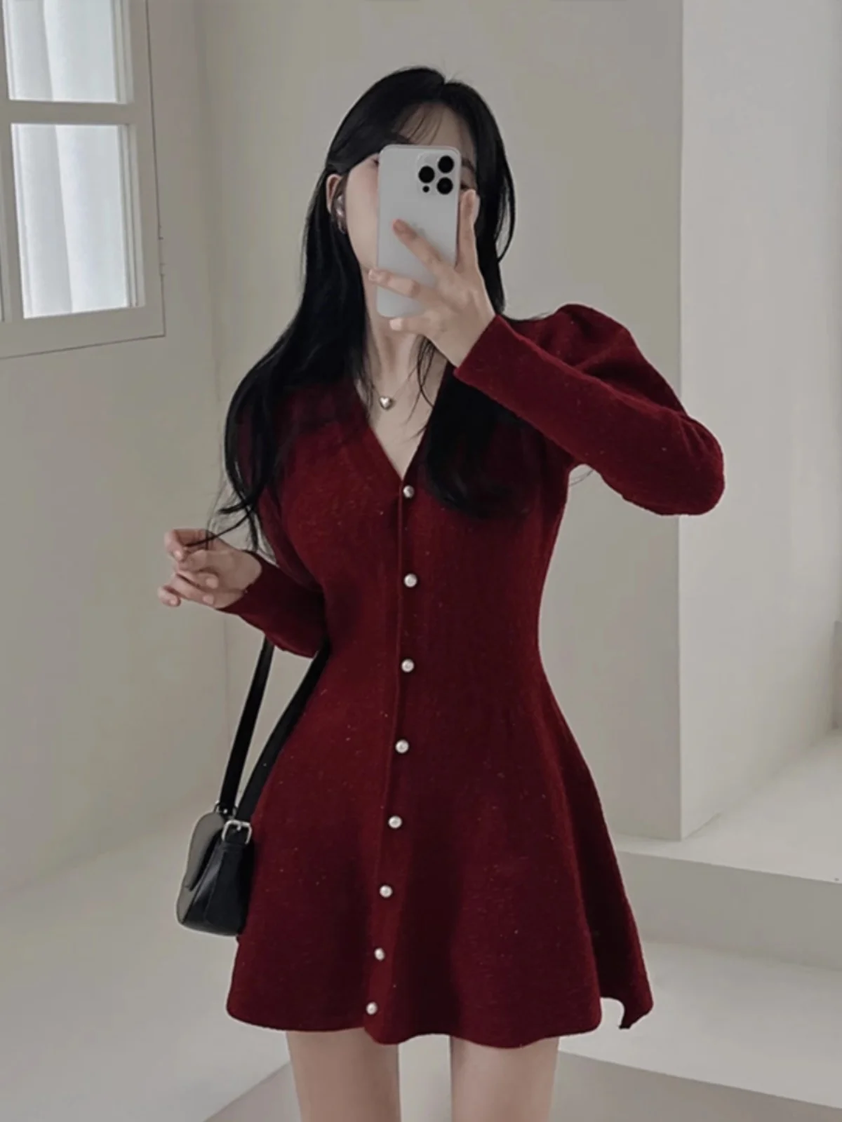 Vestido linha a de cintura alta, manga crida, decote em v, estilo coreano, camada base de emaecimento, vestido midi de c...