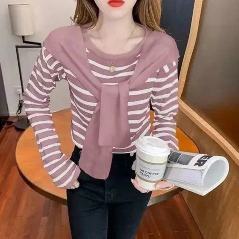 Autumn Casual Korean Striped O-neck Long Sleeve Pullovers Women Clothing All-match Patchwork Fake Two Pieces Sweaters Ladies