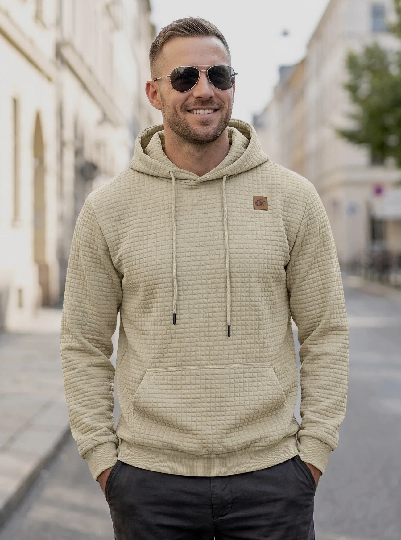 Men Jacquard Checkered Hoodie New Arrival Long Sleeve Sweatshirt Drawstring & Leather Detail Casual Loose Daily Street Wear