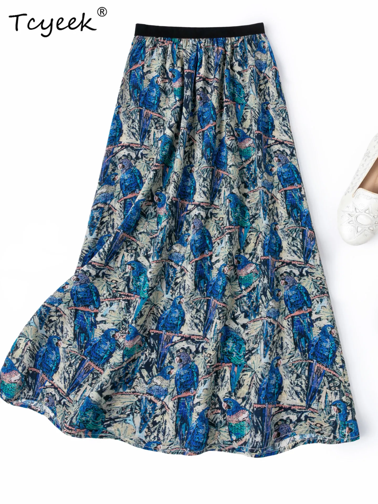 Tcyeek 100% Real Mulberry Silk Beach Skirt Woman Clothes Summer Skirt Elastic Waist Elegant Skirts for Women Юбка Женская Print