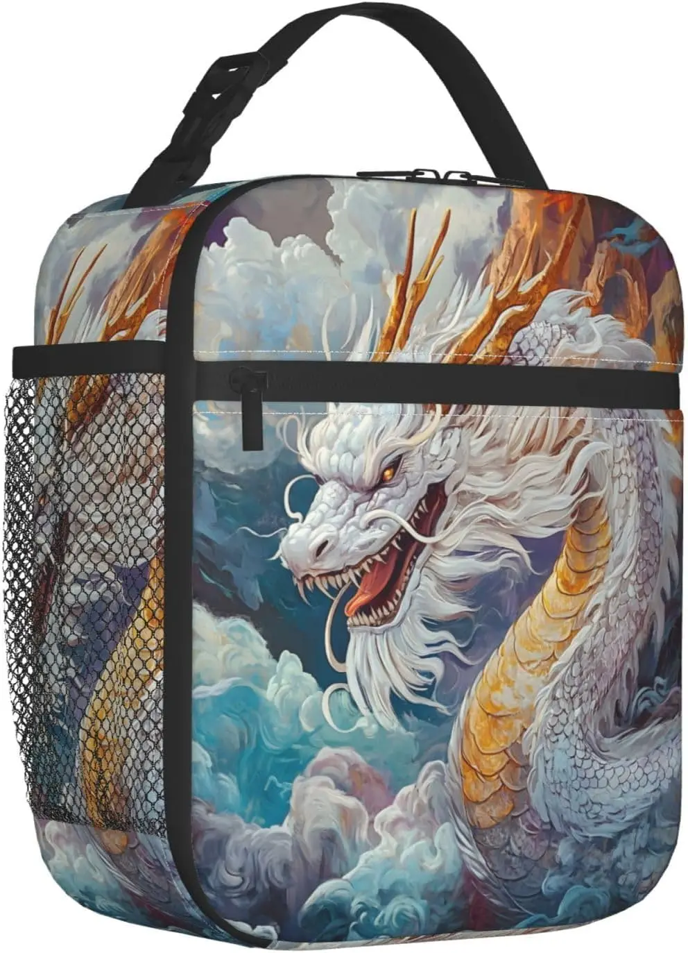 Dragon Lunch Bag, Polyester Tote Bags with White and Gold Dragons, Oriental Fantasy Insulated Lunchbox