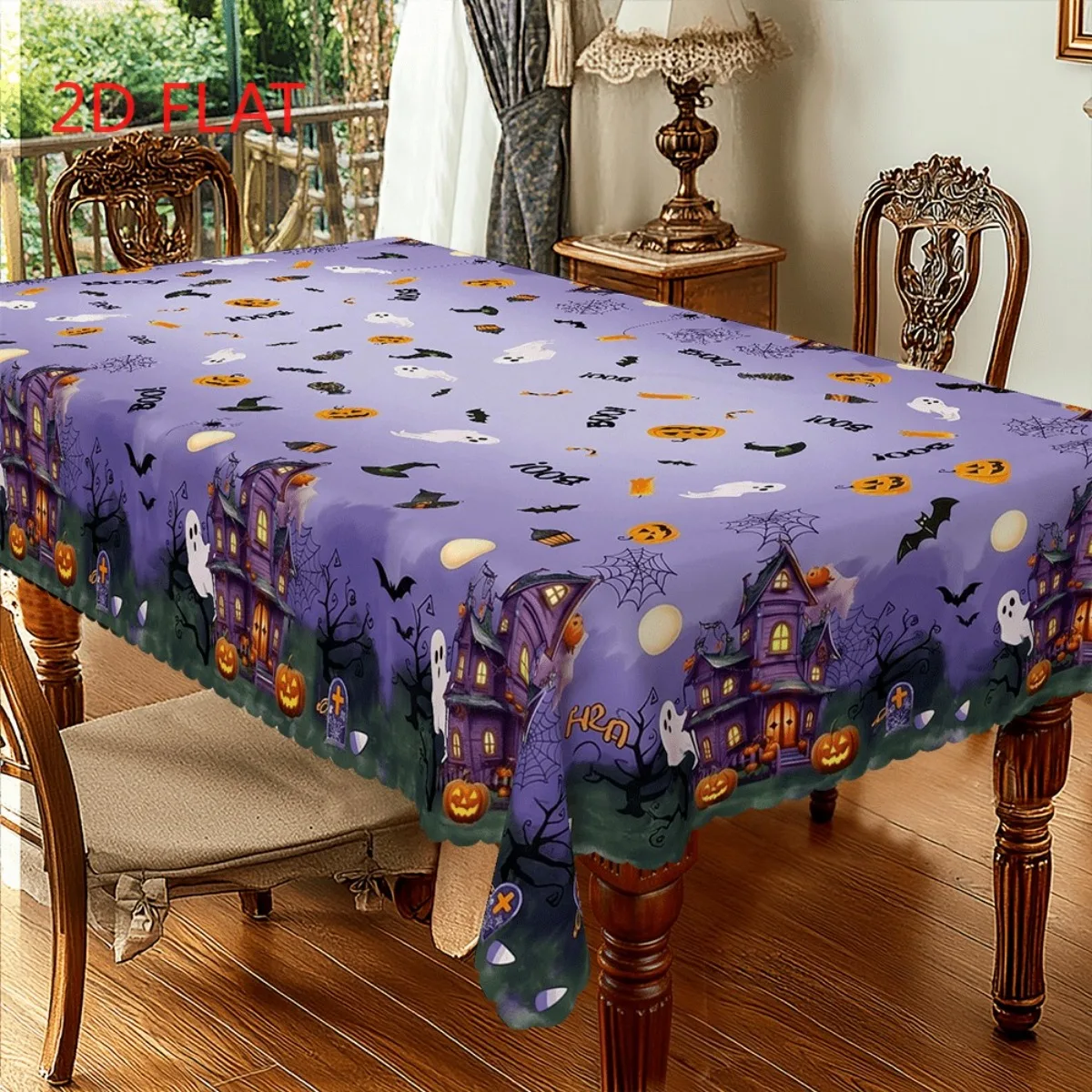 Tablecloth 1 piece 2d flat with patterns of purple castle, ghost pumpkin, bat, full moon and tombstonezyc