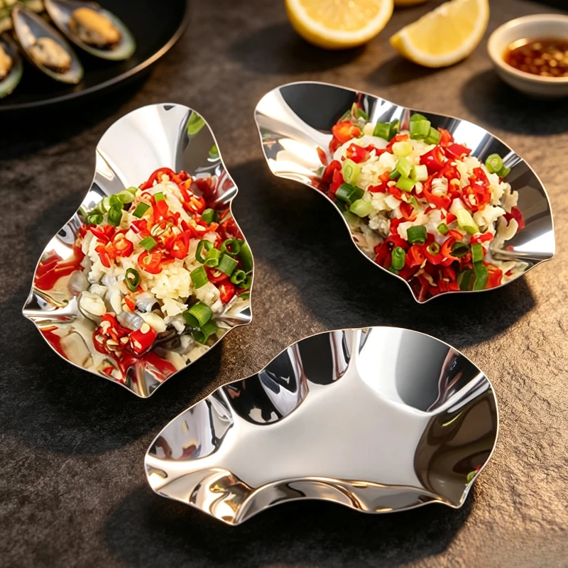 Stainless Steel Oyster Shaped Sauce Dish BBQ Dipping Plate Snail Conch Serving Tray Restaurant Seasoning Small Plate