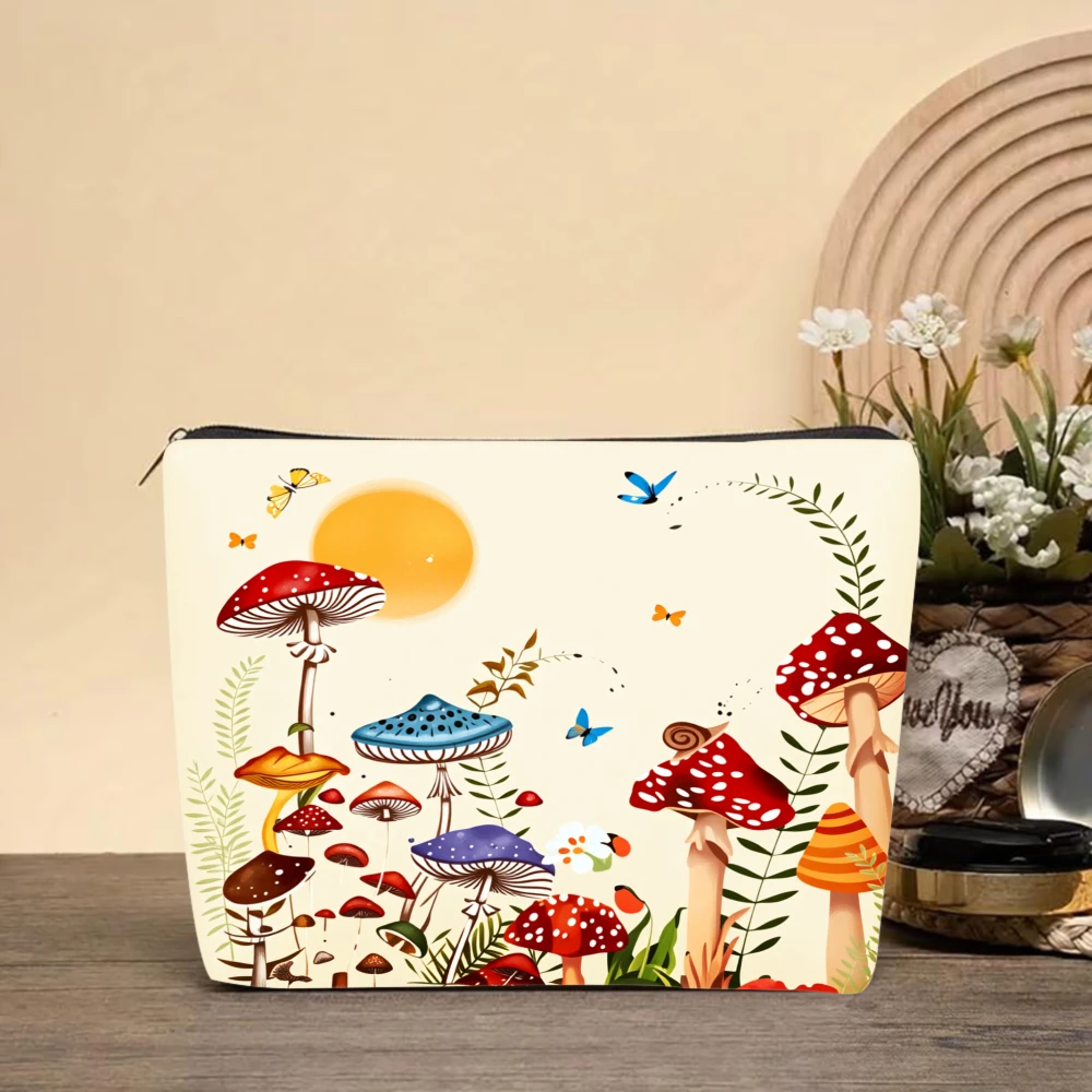 Mushroom Forest Sun Butterflies Leaves Makeup Bags for Girls Cosmetic Pouch Toiletry Bag Pencil Case Travel Storage view 3