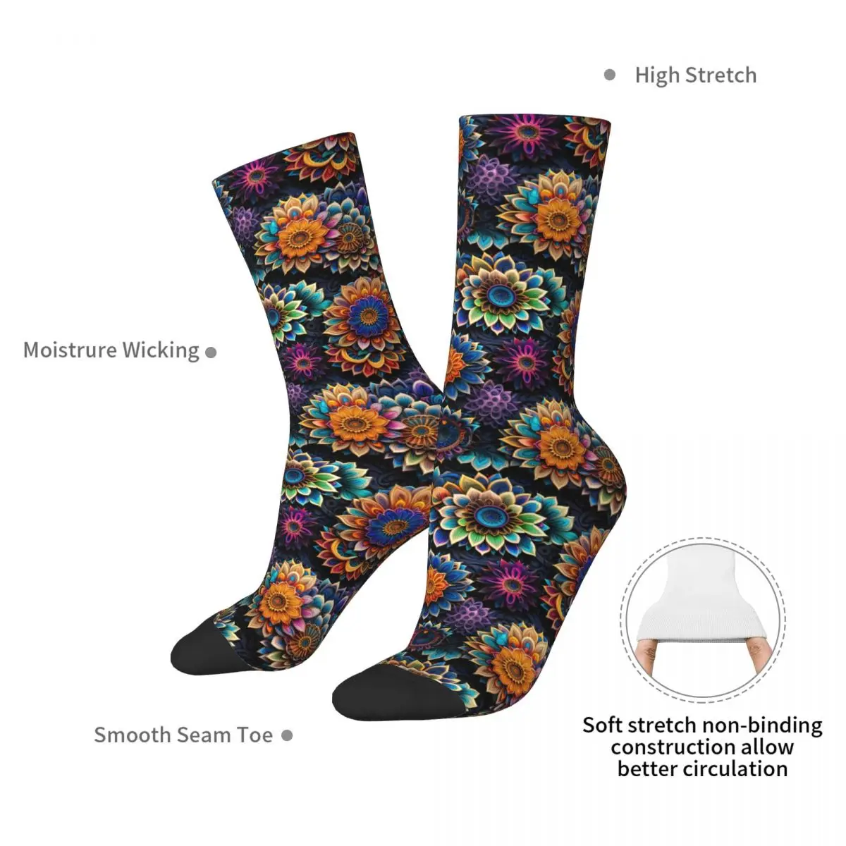 Vibrant Mandala Flower Seamless Design Socks Harajuku Super Soft Stockings All Season Long Socks for Man Woman Birthday Present