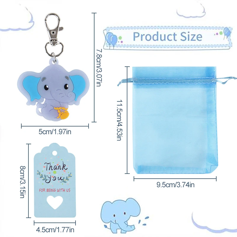 10-30pcs Elephant Keychain Organza Bags Baby Shower Souvenirs Gifts with Thank You Tags Kids Birthday Party Favors for Guests