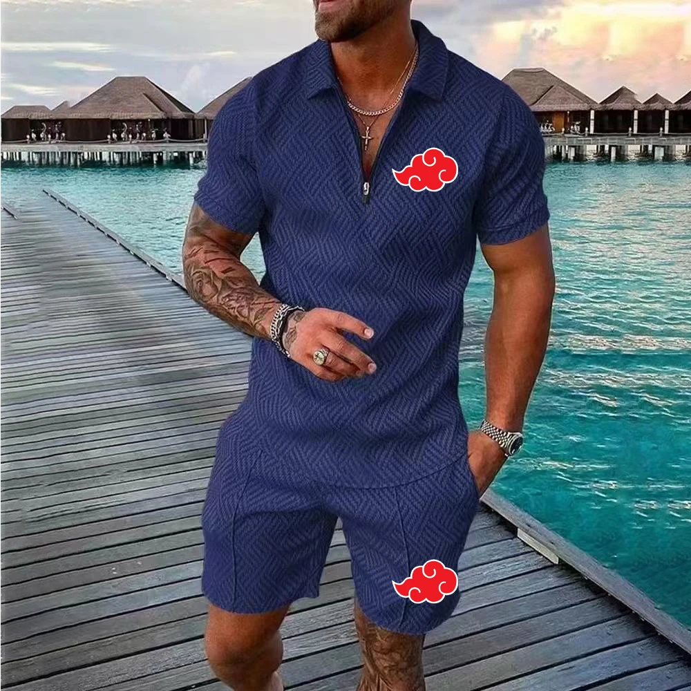 

Japanese anime 2 piece tracksuit zip collar shirt casual shorts set