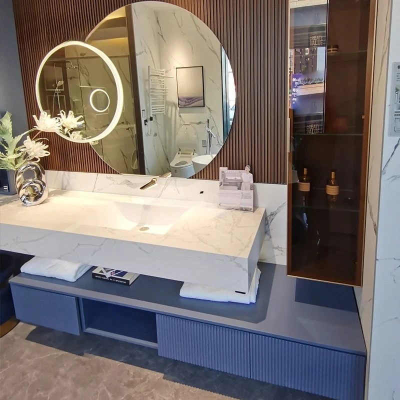 

A Customized solid wood bathroom cabinet combination washing slate seam-free integrated wash basin cabinet