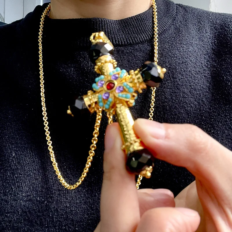 Retro Vintage Green Turquoise Set Diamond Embedded Sweater Chain Double Cross Crystal Necklace Women's Fashion Jewelry