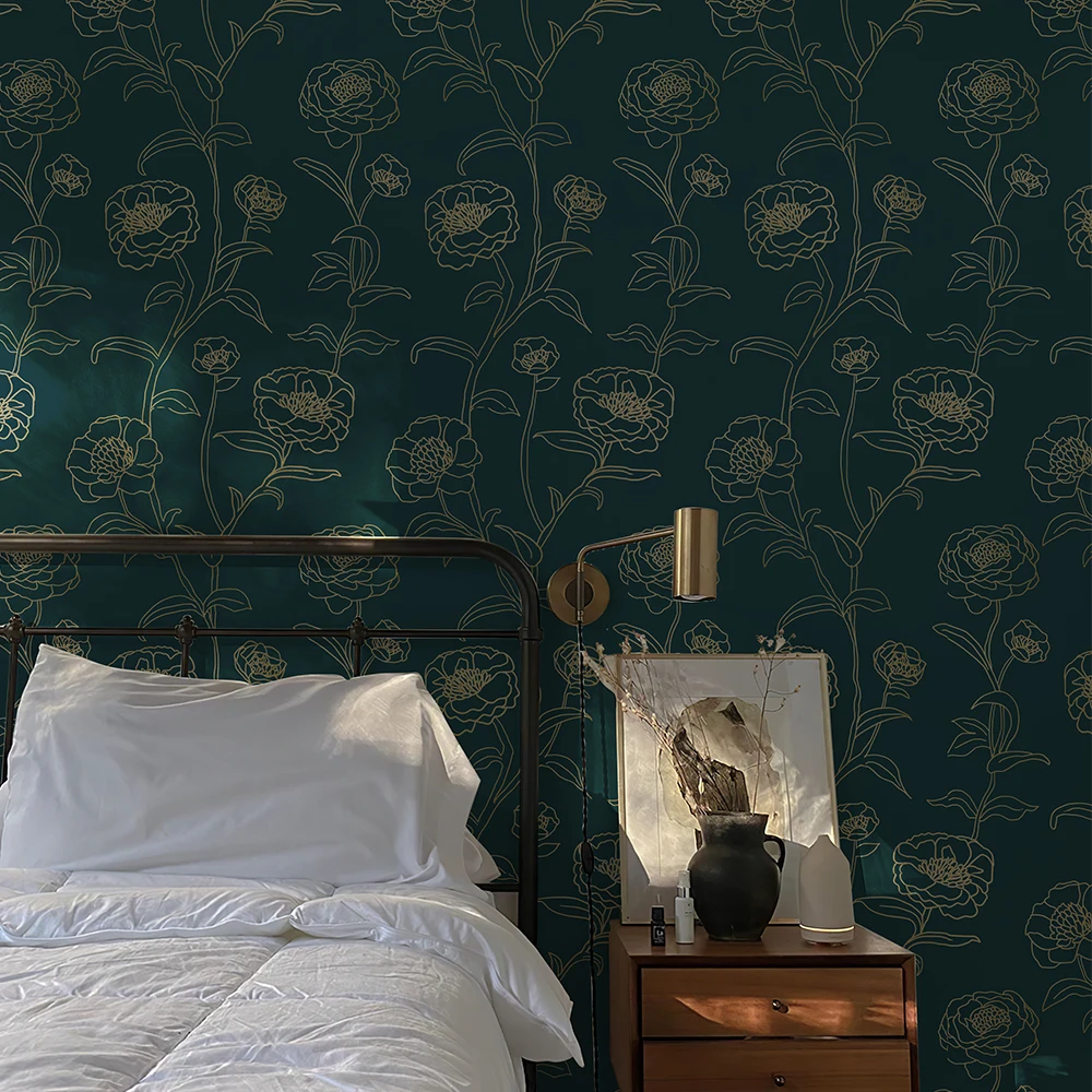 Gold Line Floral Peel And Stick Wallpaper Dark Blue Self Adhesive Waterproof Wallpaper Removable Bathroom Kitchen Contact Paper