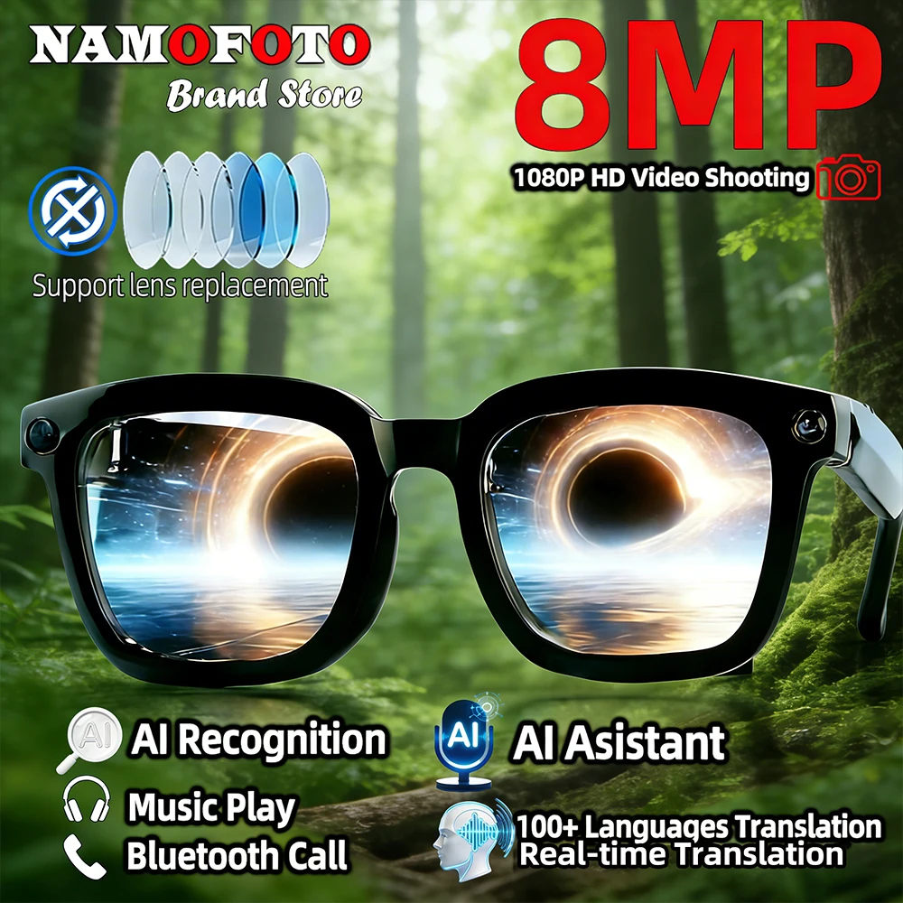 

8MP Camera AI Smart Glasses Men Women Video Record 100+ Languages Real-time Translation Sunglasses BT Call Music Play Glasses