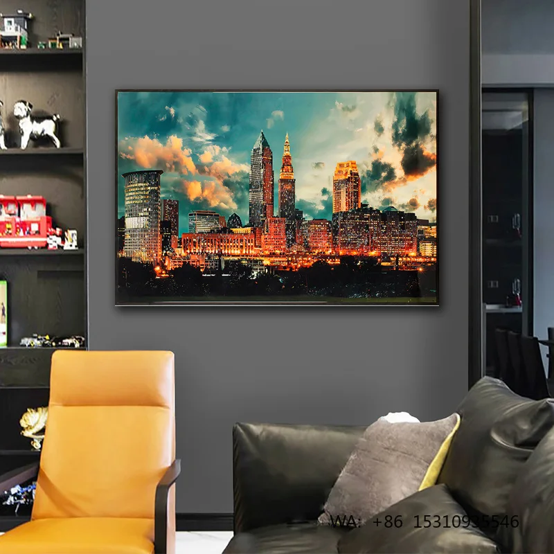 Modern City Landscape Canvas Crystal Porcelain Framed Decorative Hanging Painting for Living Room Hotels & Restaurants