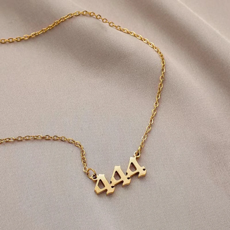 Gold Plated Stainless Steel Angel Number 444 Pendant Necklace Dainty Chain Hypoallergenic Tarnish Resistant Jewelry for Women Da view 6
