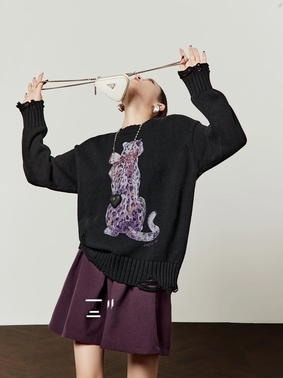 

Zhou Li Wu Purple Crystal Leopard Print Knitted Bla Sweater Women's Casual Commute Top Spring 2026 New Arrival