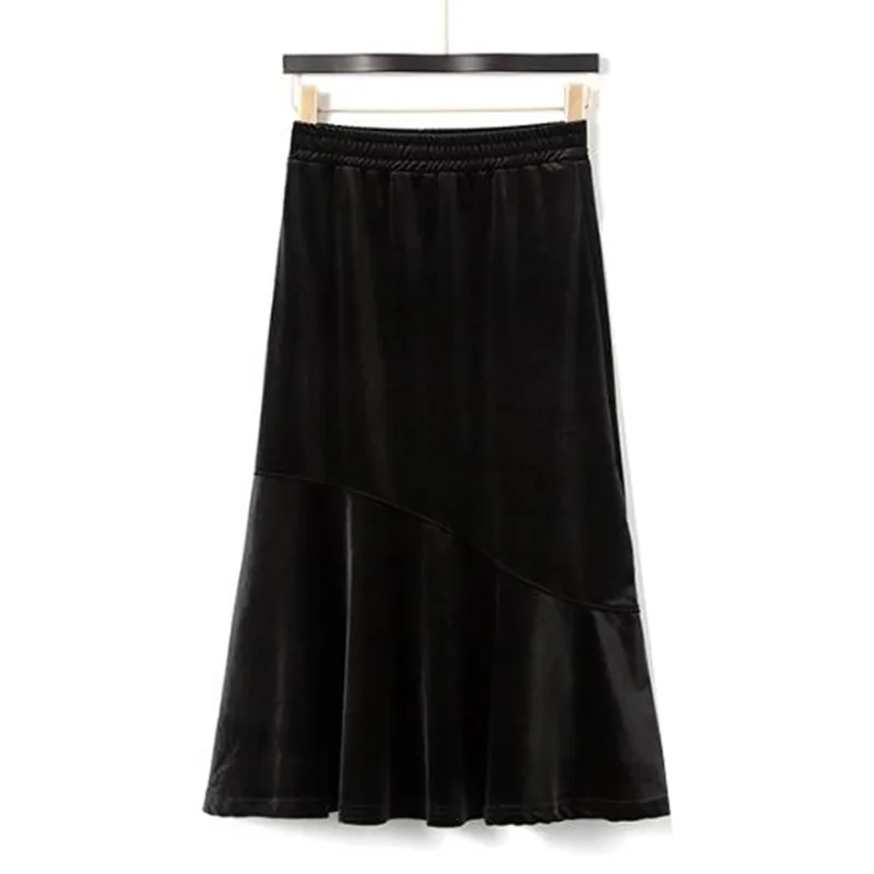 2026 ربيع الخريف موضة النساء التنانير الطويلة VintageHigh الخصر بلون القطيفة حورية البحر التنانير شيك مكتب سيدة المخملية التنانير