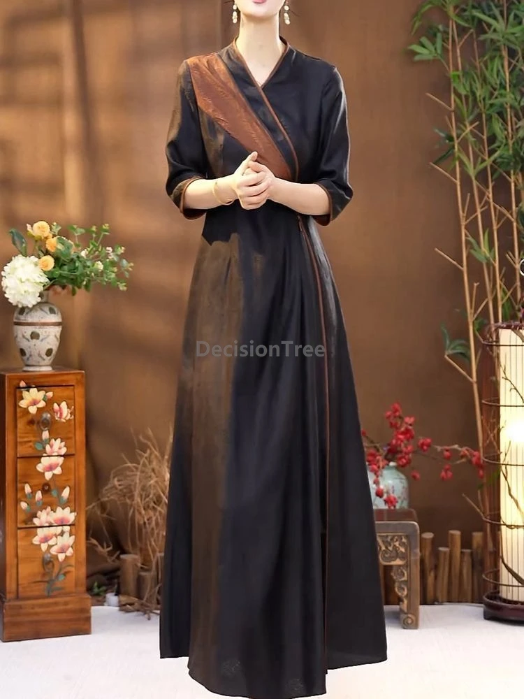 

2025 advanced sense new chinese style patchwork color v-neck robe autumn elegant temperament half sleeved qipao vintage dress