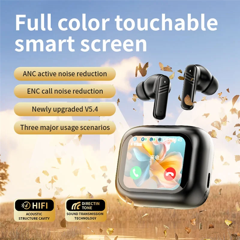 Excellent-Bluetooth V5.4 Earphone Noise Cancellation Color Screen Touch High Sound Quality Binaural ANC+ENC Bluetooth Earphone