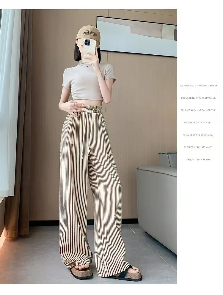 XIZOU Trendy Lazy Sle Striped Drapey Casual Pants Women High Waist Versatile Thin Straight Long Summer Pants Commute Wide Leg