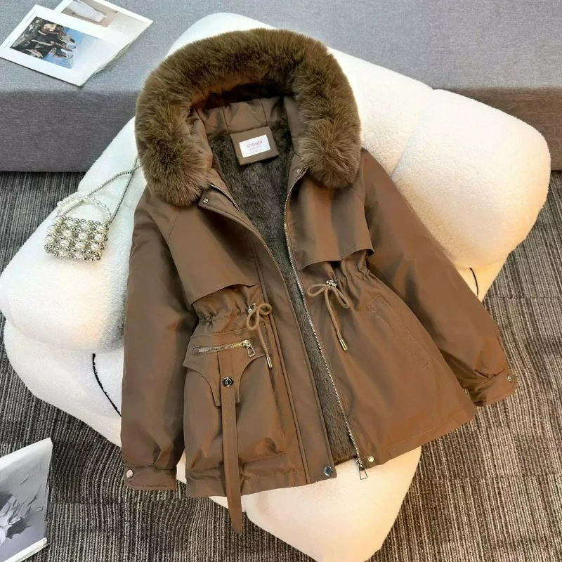 Cross Border Style Overcomes Women's Winter New Big Fur Collar Women's Overcomes Fashion Versatile Plus Velvet One-piece Jacket
