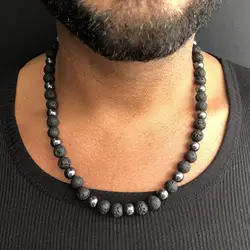 Hematite Mens Beaded Necklace Black Lava Stone Jewelry