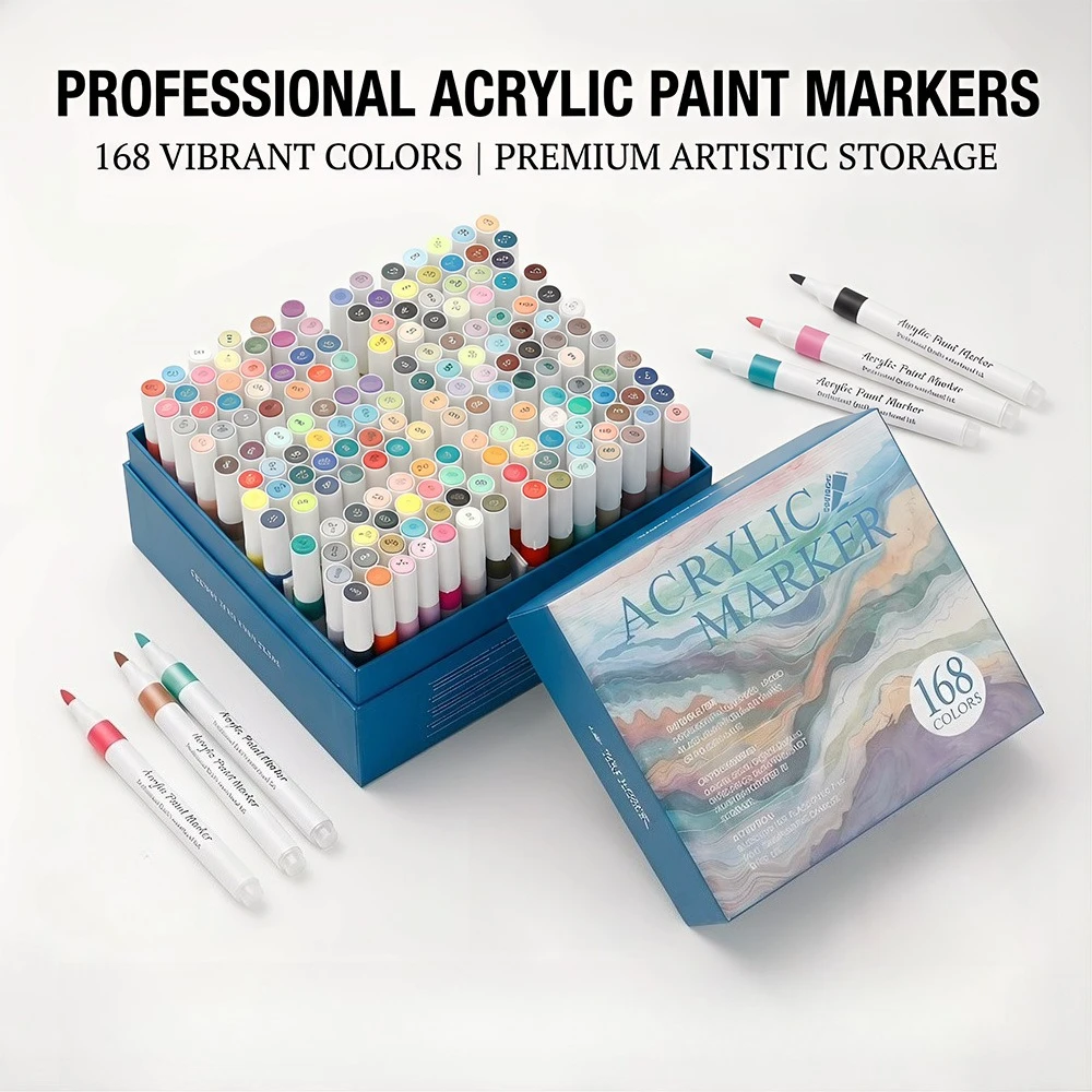 120/168 Colors Acrylic Paint Marker Set Professional‑Grade Pens Smudge‑Proof Waterproof Quick Dry Stone Glass Ceramic Wood Canvas Artist Illustration DIY Craft Supplies