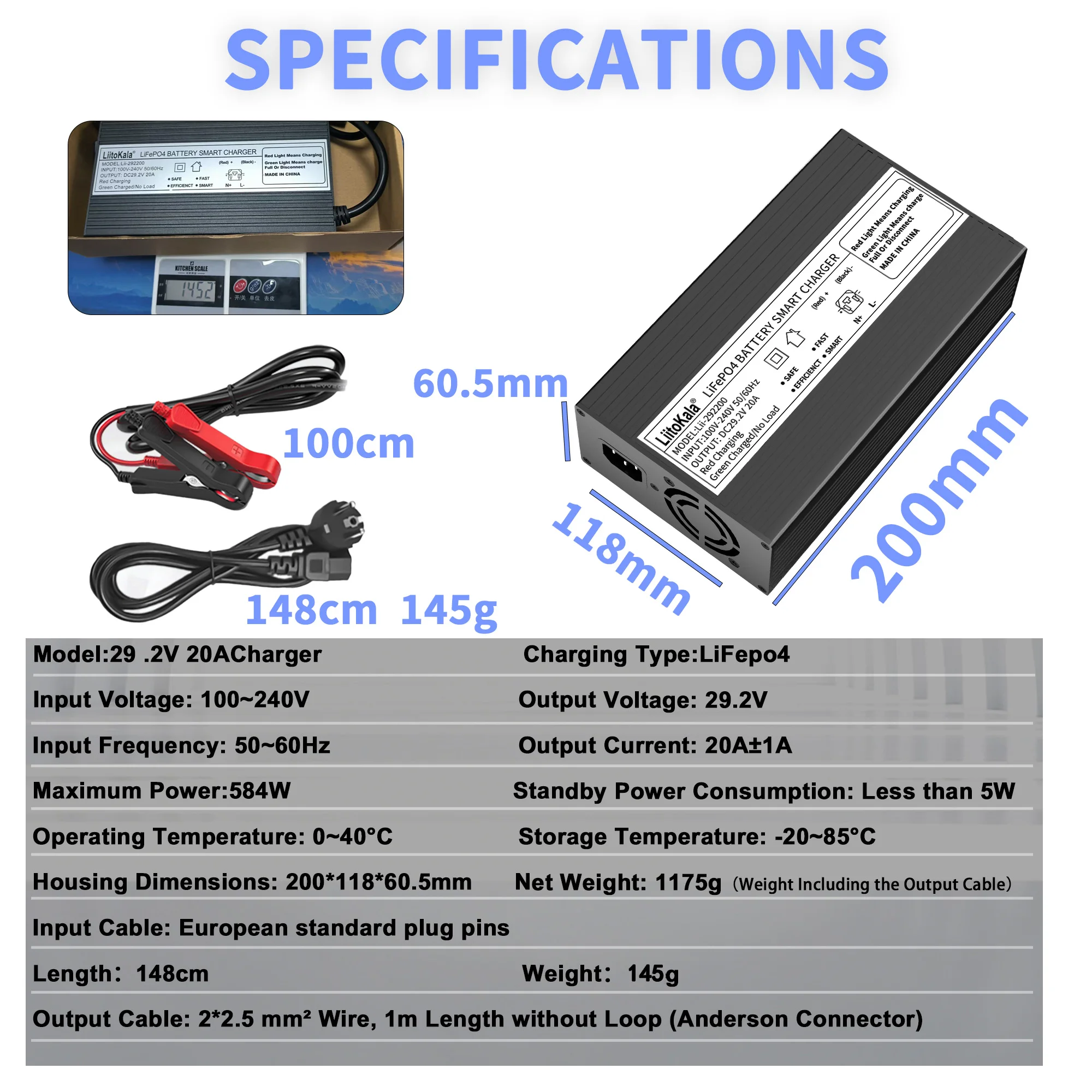 LiitoKala 29.2V 20A Charger Smart Suitable For 8S 24V LiFePO4 Battery electric wheelchair battery Charger universal charger