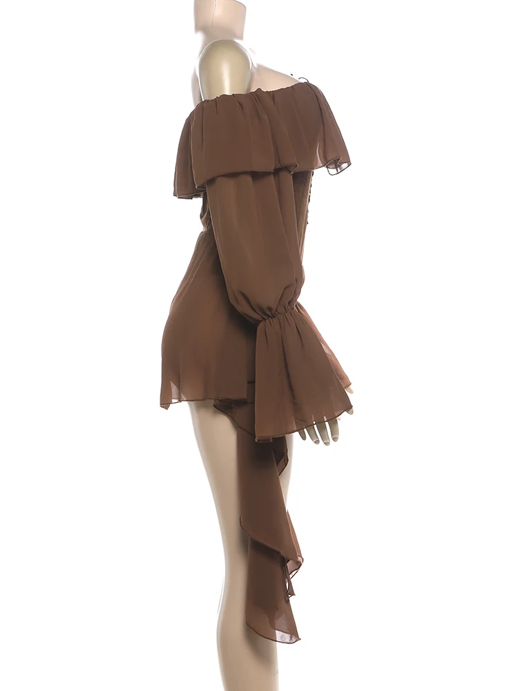Weird Puss Rüschenrand Elegantes Bodysuit-Kleid für Damen, Mesh-Patchwork, schräger Ausschnitt, ausgestellte Ärmel, Geburtstagsparty-Stil, Mini-Bodycon – Detail 4