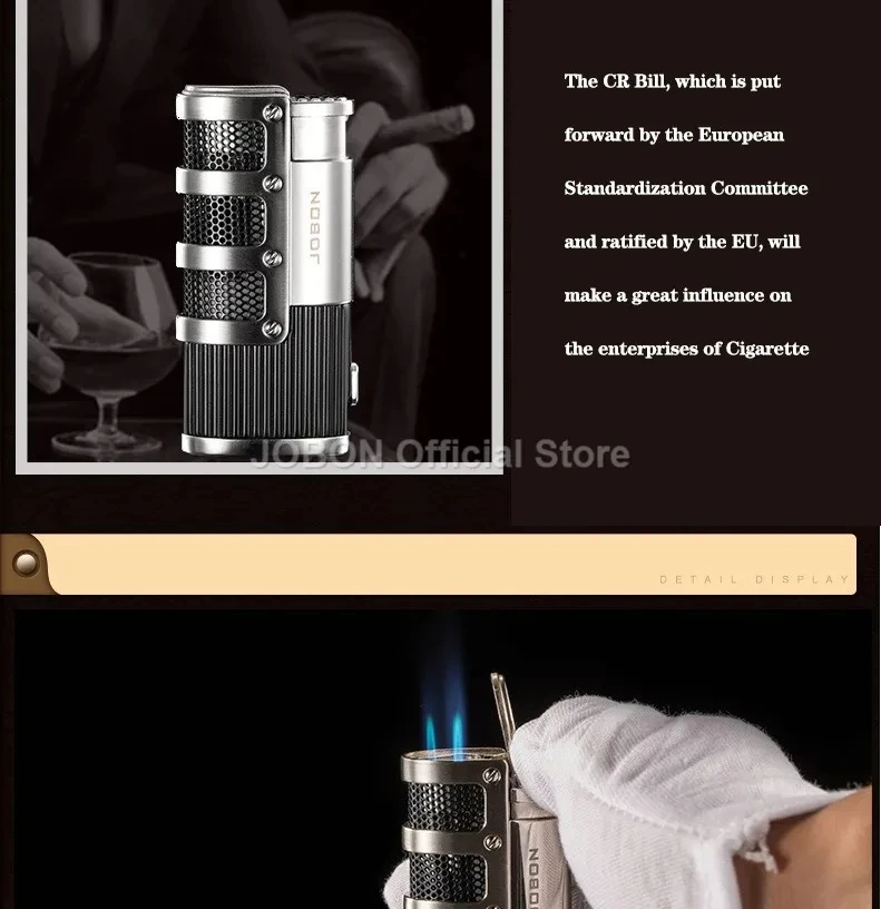JOBON neues Metall-Outdoor-Feuerzeug mit winddichter Butangasflamme, blauer Flamme, 3-flammigem Turbo-Jet-Zigarrenanzünder, Zigarrenschneider, Geschenk für Männer. – Detail 10