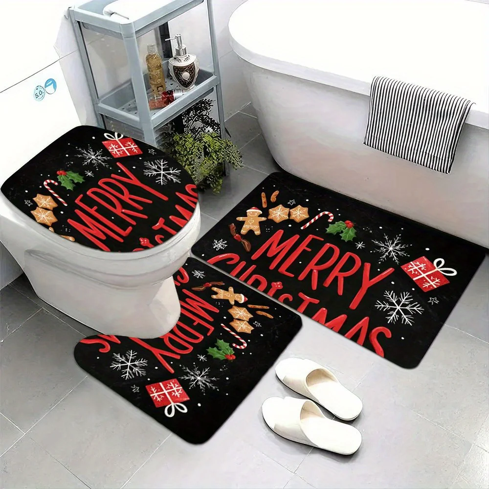 3pcs Christmas Bathroom Rug Set with Merry Christmas & Welcome Patterns - Soft Flannel, Machine Washable, Non-Slip Backing, Perf